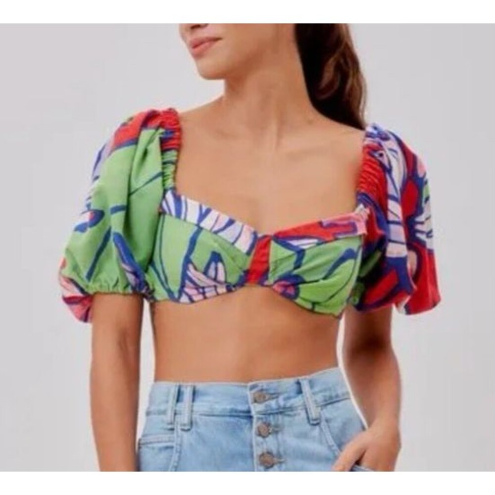 Farm Rio Crop Top Maximalist Beach Puff Sleeve Tropical Copacabana Linen NWT 0